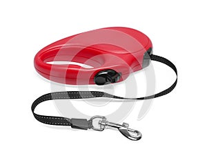 New red dog retractable leash isolated on white