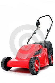 New red lawnmower on white background