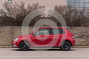 New red Skoda Fabia Monte Carlo edition. 2019. edition. Modern Skoda car. Car technology