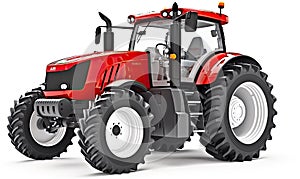 New red tractor for farm work on plain white surface. Creating using generative AI tools
