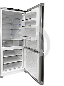 New refrigerator isolated on white background. Front view of modern stainless steel refrigerator with opened doors. Fridge freezer