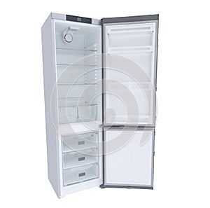 New refrigerator with opened doors isolated on white background. Front view of modern empty stainless steel refrigerator. Fridge