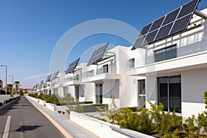 New residential area with white modern family houses, newly built modern family homes. Row of modern houses with solar