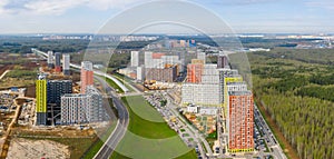 New residential areas and new buildings in Moscow. Aerial view of the area near the Salaryevo landfill