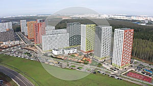 New residential areas and new buildings in Moscow. Aerial view of the area near the Salaryevo landfill and a new metro