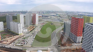 New residential areas and new buildings in Moscow. Aerial view of the area near the Salaryevo landfill and a new metro