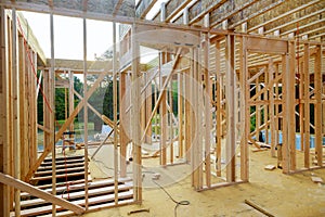 New residential home framing interior view construction new house
