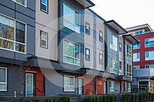 New residential townhouses. Modern apartment buildings in BC Canada. Modern complex of apartment buildings