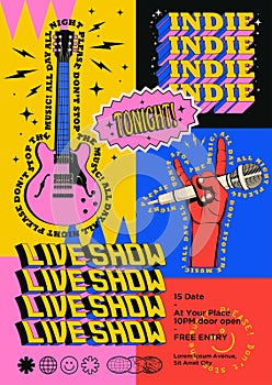 New retro modern styled live indie rock music party or concert poster or flyer or event invitation design template with electric