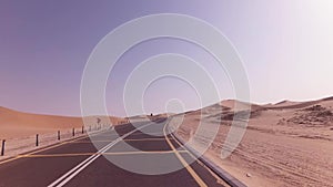New road from Oasis Liwa to Moreeb Dune in Rub al Khali desert stock footage video