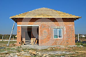 New Roof Membrane Coverings with Wooden Construction Home Framing with Roof Rafters Outdoor