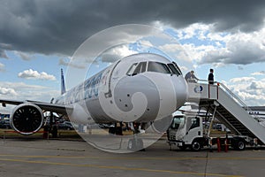 The new Russian twin-engine passenger aircraft MS-21-300 at the International Aviation and Space Salon MAKS-2021 in Zhukovsky, Rus