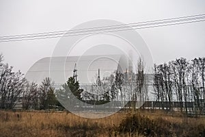 New safe confinement arch over reactor 4 of Chornobyl Nuclear Power Station. Chernobyl, Ukraine, December 2019