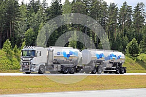 New Scania R500 Milk Tank Truck on Motorway at Summer