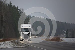 New Scania Trucking Through Winter Fog