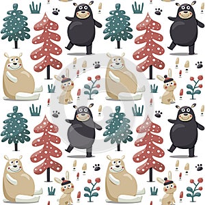 New seamless cute winter christmas pattern made with bears, rabbit, mushroom, bushes, plants, snow, trees