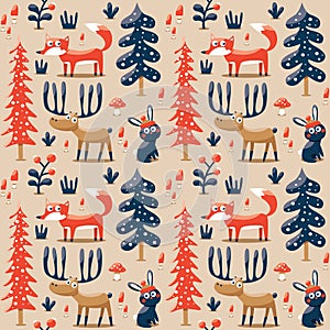 New seamless cute winter christmas pattern made with fox, rabbit, mushroom, bushes, plants, snow, tree