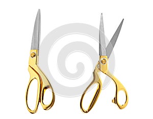 New sharp gold scissors on white background