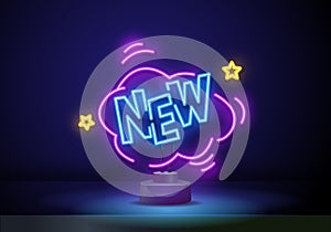 New shiny emblem. Comic speech bubble neon sign. Pop art design. Glowing effect poster. Emotion concept on brick wall