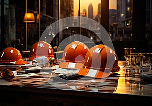 New shiny orange hard hats on the table. Headpieces, papers and glasses on the backdrop of cityscape