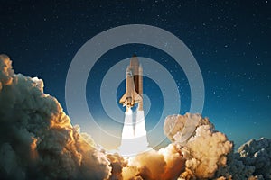 New Ship flies to another planet. Spaceship takes off into the starry sky. Rocket starts into space. Concept. photo