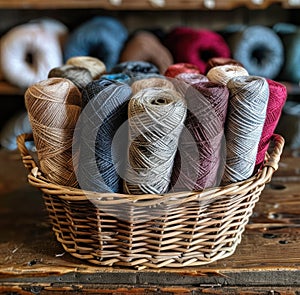 new skeins, skeins of grey, blue, and brown yarn placed in basket