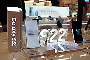 New Smartphones Samsung Galaxy S22 and S22 ultra shown on display in electronic store. Minsk, Belarus - april, 2022