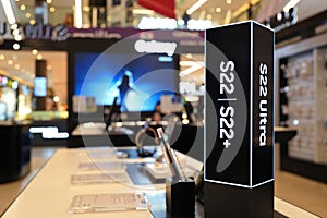 New Smartphones Samsung Galaxy S22 shown on display in electronic store. Minsk, Belarus - april, 2022
