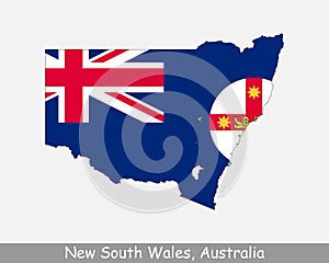 New South Wales Map Flag. Map of NSW with state flag isolated on white background. Australian State on the east coast of Australia