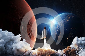 New space rocket shuttle successfully takes off into space with the red planet Mars and the blue planet Earth with rays of
