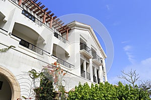 New spanish-style house under blue sky