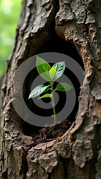 New sprout emerging from weathered tree trunk in forest