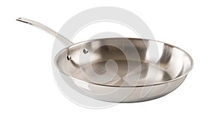 New stainless steel frying pan cutout. New skillet of 18 10 chrome nickel steel isolated on a white background. Empty inox frypan photo