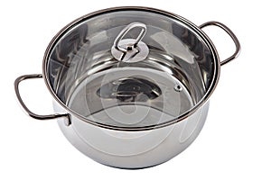 New stainless steel pan with a transparent glass cover.