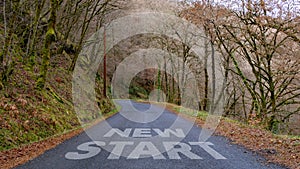 New Start written on a country lane in a wood photo