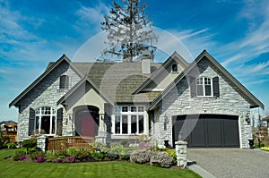 New Stone Exterior Executive Maison Home House Cumulus Clouds Sky Background