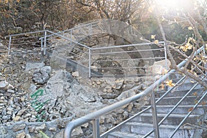 A new stone staircase of 800 steps to Jasper Beach, built in the spring of 2020. The reserve on the Black Sea. Cape Fiolent,