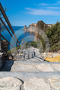 A new stone staircase of 800 steps to Jasper Beach, built in the spring of 2020. The reserve on the Black Sea. Cape Fiolent,