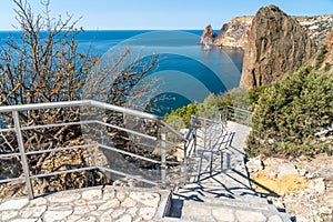A new stone staircase of 800 steps to Jasper Beach, built in the spring of 2020. The reserve on the Black Sea. Cape Fiolent,