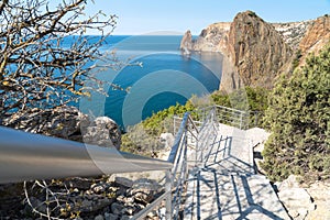 A new stone staircase of 800 steps to Jasper Beach, built in the spring of 2020. The reserve on the Black Sea. Cape Fiolent,