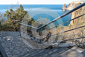 A new stone staircase of 800 steps to Jasper Beach, built in the spring of 2020. The reserve on the Black Sea. Cape Fiolent,