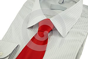New striped shirt with red silk necktie over white