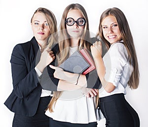 New student bookwarm in glasses against casual group on white background, teen drama, lifestyle people concept