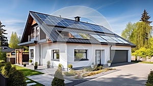 New suburban house with a photovoltaic system on the roof. Modern eco friendly passive house with solar panels on the gable roof,