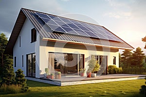 New suburban house with a photovoltaic system on the roof. Modern eco friendly passive house with landscaped yard. Solar