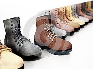 New suede boot stands out among old used boots. 3D illustration