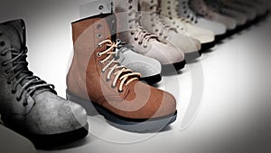 New suede boot stands out among old used boots. 3D illustration