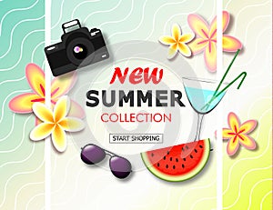 New summer collection sale banner. Exotic tropical background with place for text, flowers, sunglasses, watermelon, camera and sum