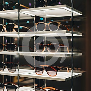 New sunglasses displayed in modern ophthalmic store showcase photo