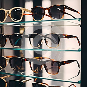 New sunglasses displayed in modern ophthalmic store showcase photo